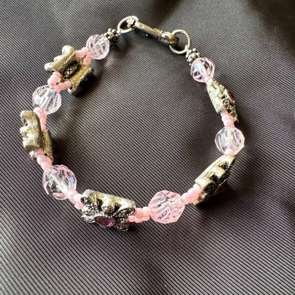 Handcrafted Pink Bead and Silver-Tone Bracelet
